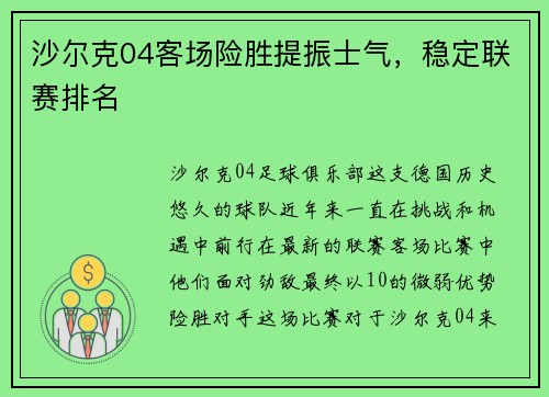 沙尔克04客场险胜提振士气，稳定联赛排名